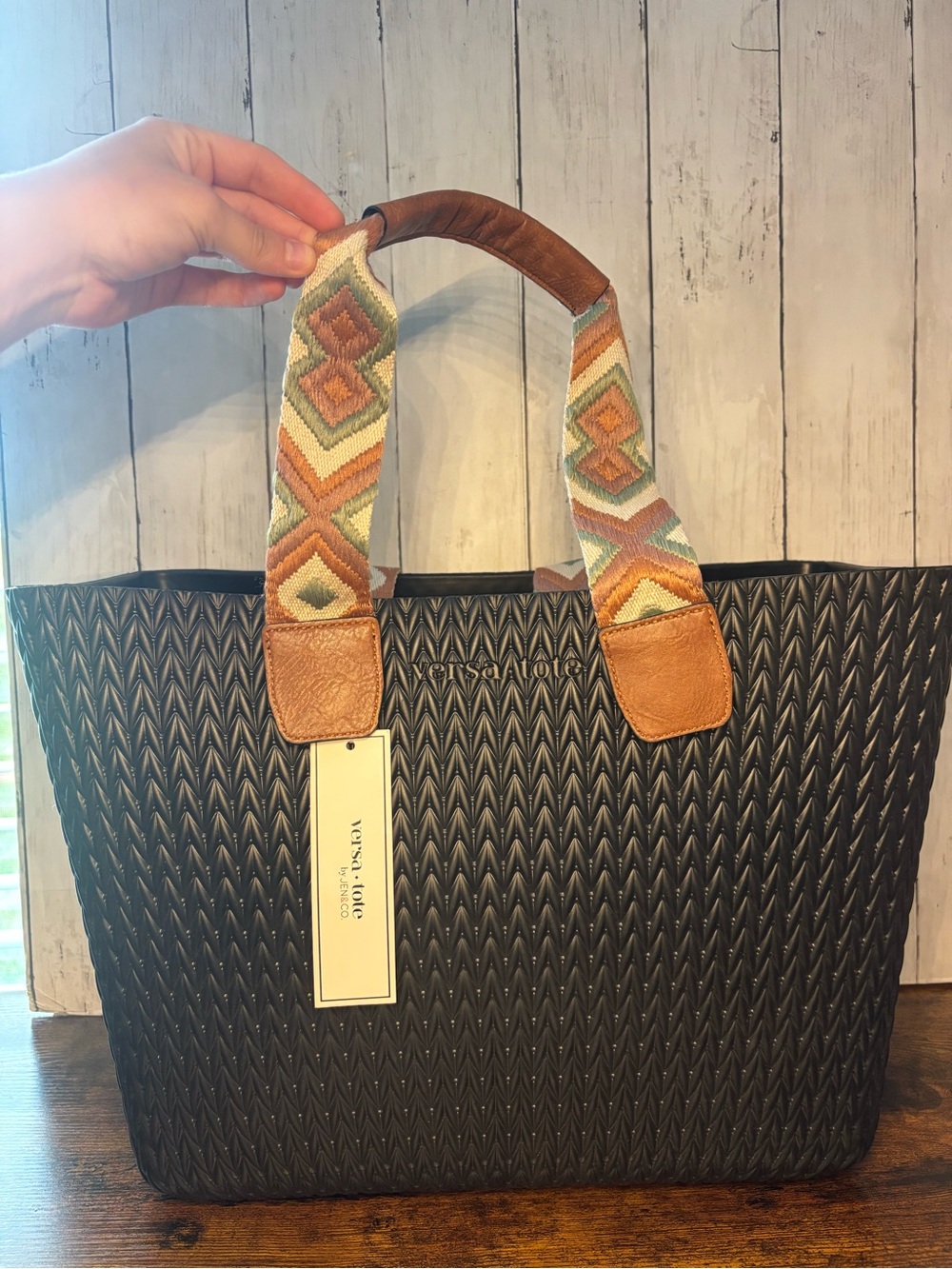 Jen & Co Versa Tote Textured Black Tote with Woven Multicolor Strap